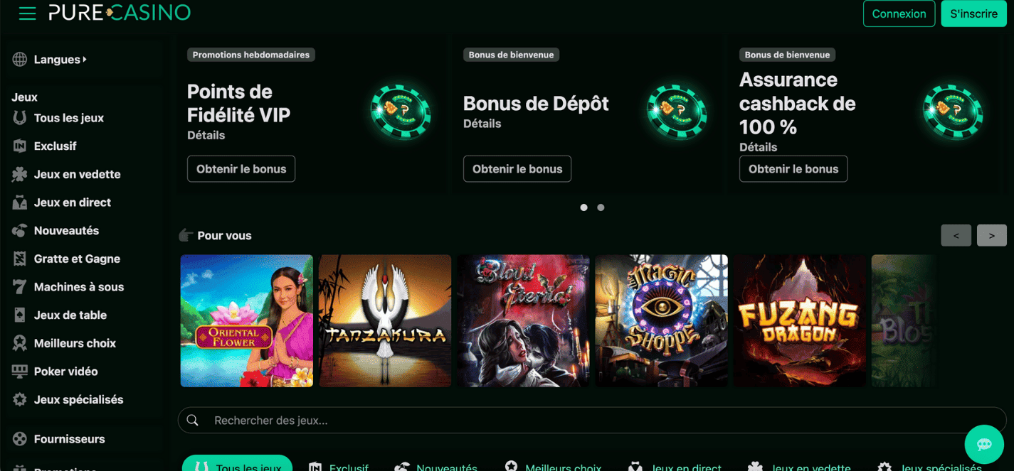 Screenshot of Pure Casino online interface showing games and navigation